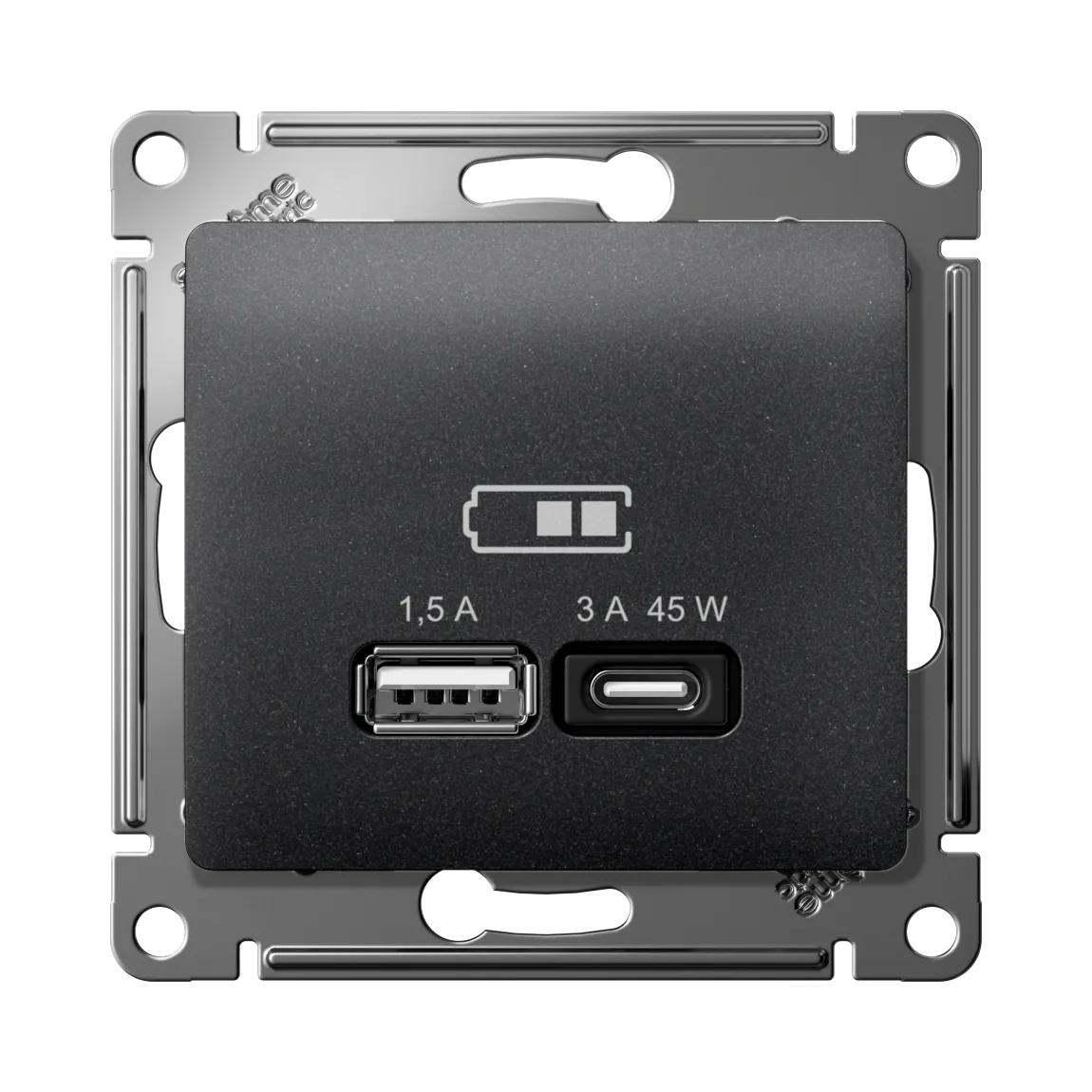 Розетка USB Glossa A+C 45Вт быстрая зарядка QC PD механизм антрацит