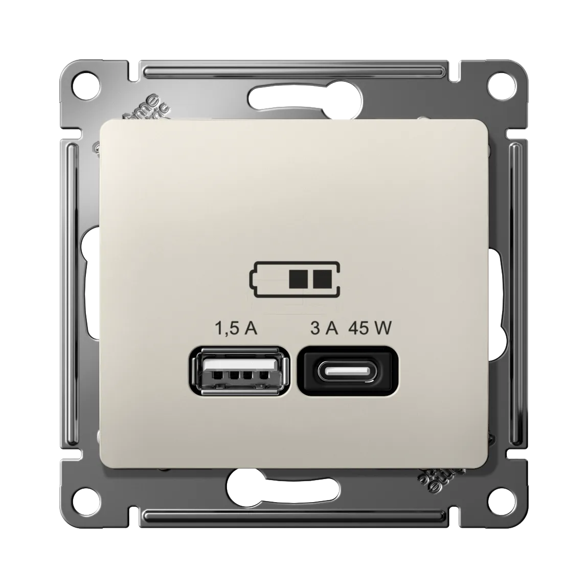 Розетка USB Glossa A+C 45Вт быстрая зарядка QC PD механизм молочный