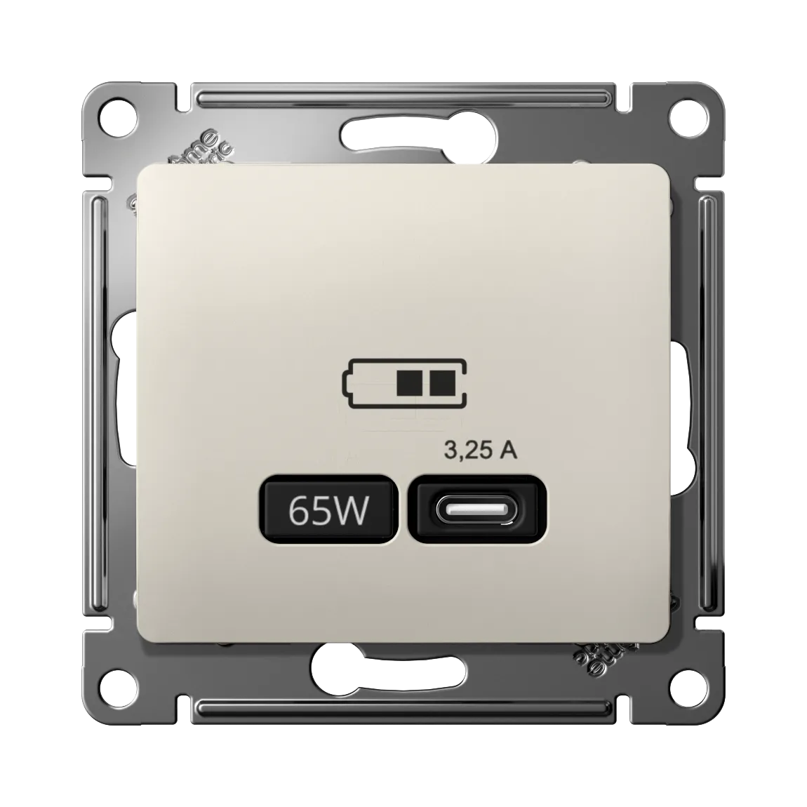 Розетка USB Glossa C 65Вт быстрая зарядка QC PD механизм молочный