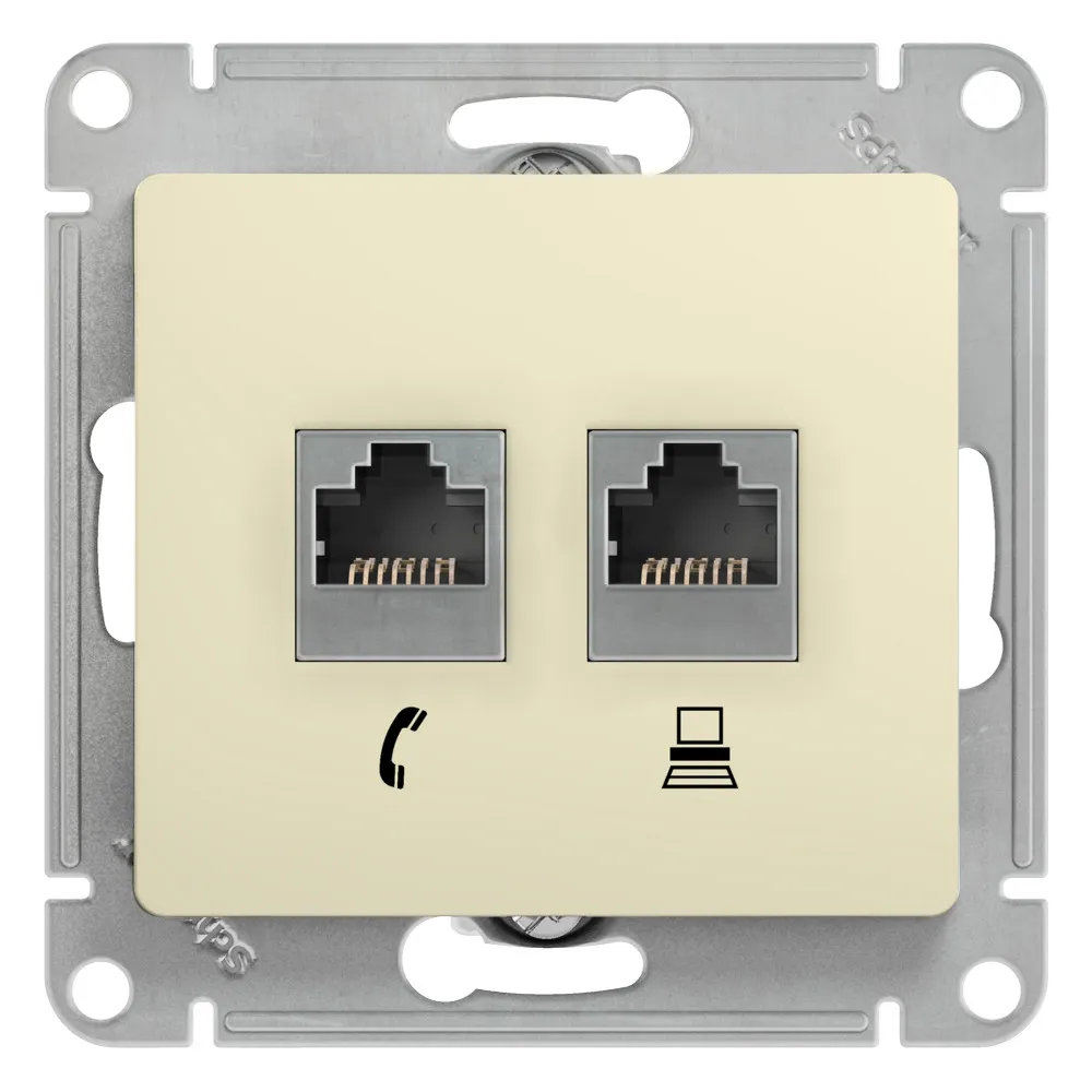 GLOSSA РОЗЕТКА двойная RJ11+RJ45 кат.5e, механизм, БЕЖЕВЫЙ
