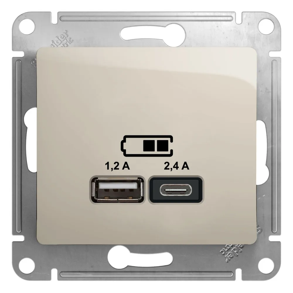 GLOSSA USB РОЗЕТКА А+С, 5В/2,4А, 2х5В/1,2А, механизм, МОЛОЧНЫЙ
