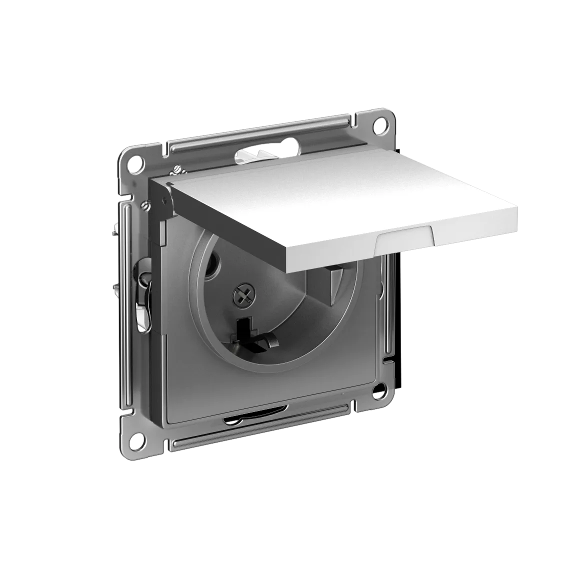 Розетка с заземлением со шторками с крышкой AtlasDesign IP20 16А механизм сталь