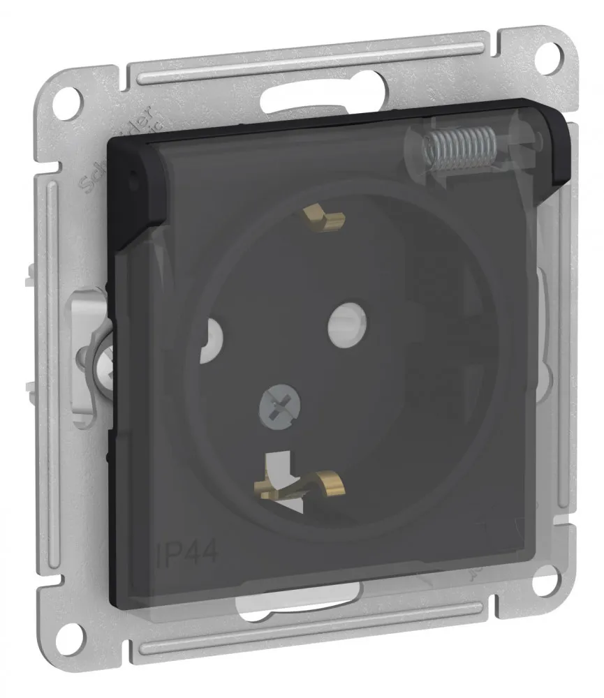 Розетка с заземлением со шторками с прозрачной крышкой AtlasDesign Aqua IP44 16А механизм карбон