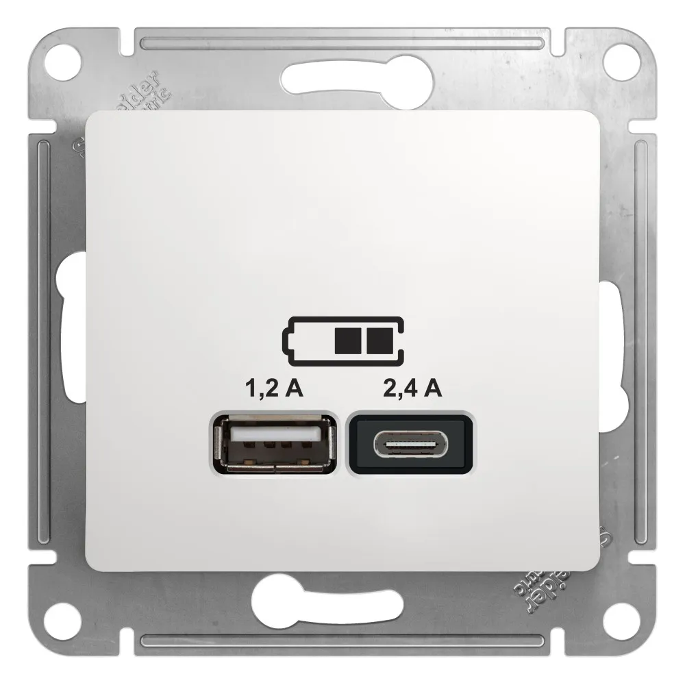 GLOSSA USB РОЗЕТКА А+С, 5В/2,4А, 2х5В/1,2А, механизм, БЕЛЫЙ