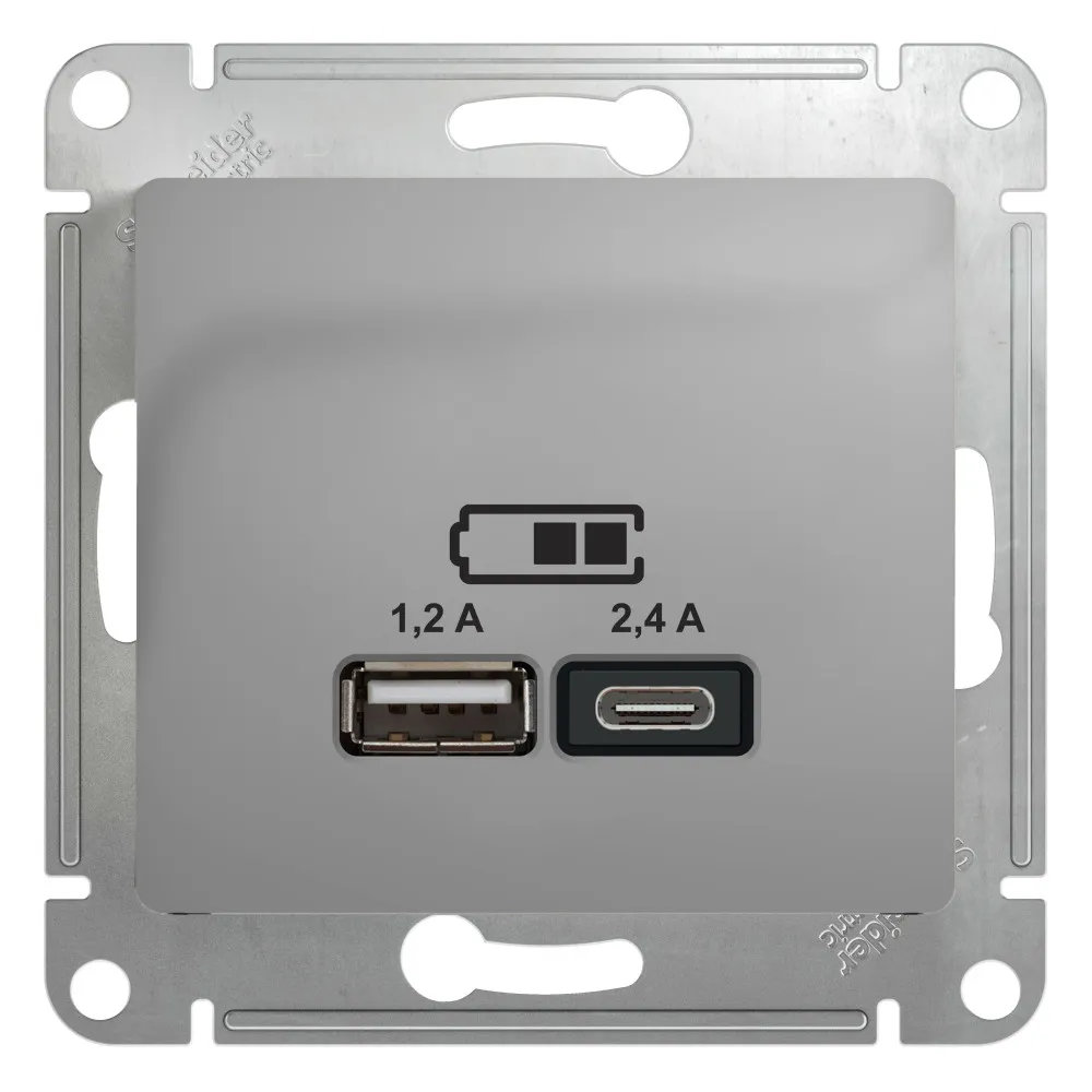 GLOSSA USB РОЗЕТКА А+С, 5В/2,4А, 2х5В/1,2А, механизм, АЛЮМИНИЙ