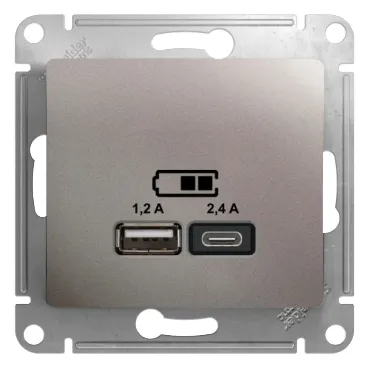 GLOSSA USB РОЗЕТКА А+С, 5В/2,4А, 2х5В/1,2А, механизм, ПЛАТИНА