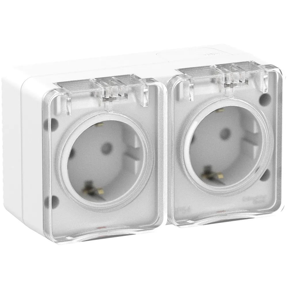 Розетка двойная с заземлением со шторками AtlasDesign Profi IP54 16А открытая установка белый