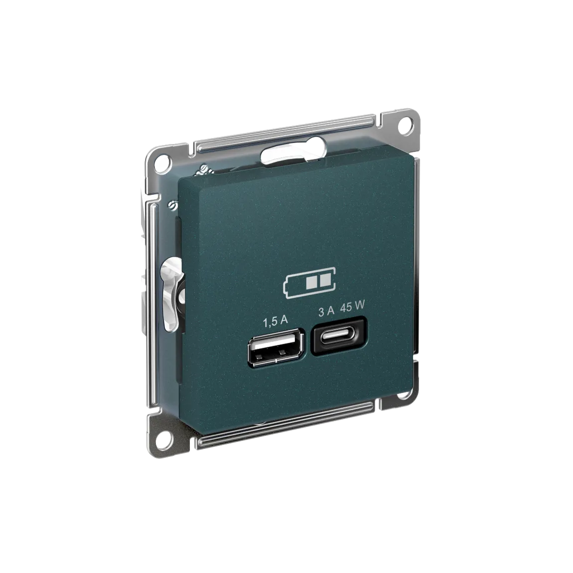 Розетка USB AtlasDesign A+C 45Вт быстрая зарядка QC PD механизм изумруд