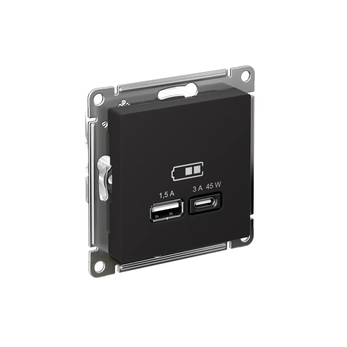 Розетка USB AtlasDesign A+C 45Вт быстрая зарядка QC PD механизм карбон