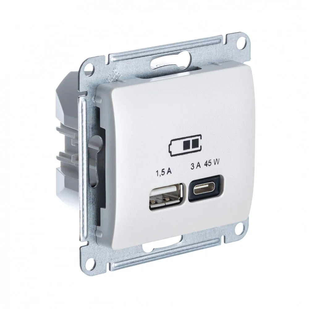 GLOSSA USB РОЗЕТКА A + тип-C 45Вт высокоскор.заряд. QC, PD, механизм, ПЕРЛАМУТР