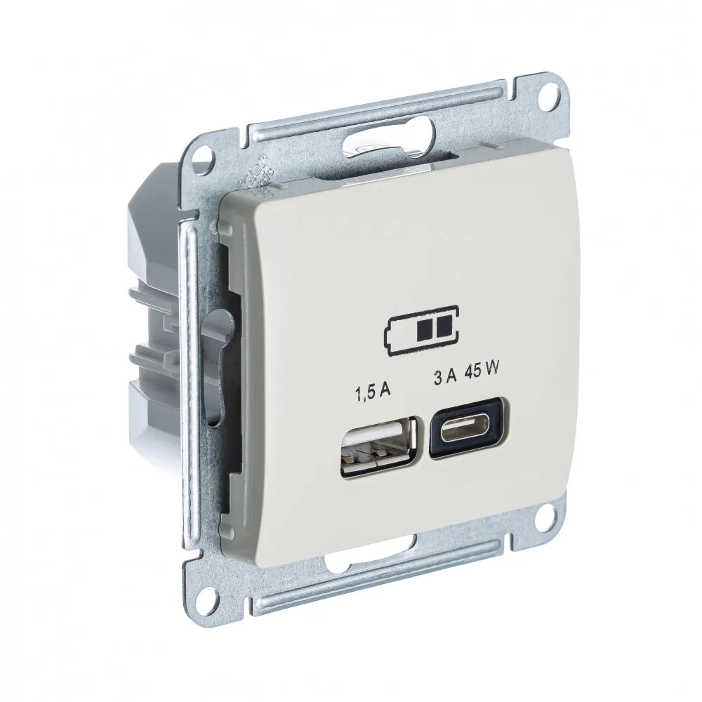 GLOSSA USB РОЗЕТКА A + тип-C 45Вт высокоскор.заряд. QC, PD, механизм, МОЛОЧНЫЙ