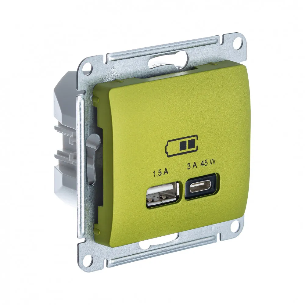 Розетка USB Glossa A+C 45Вт быстрая зарядка QC PD механизм фисташковый