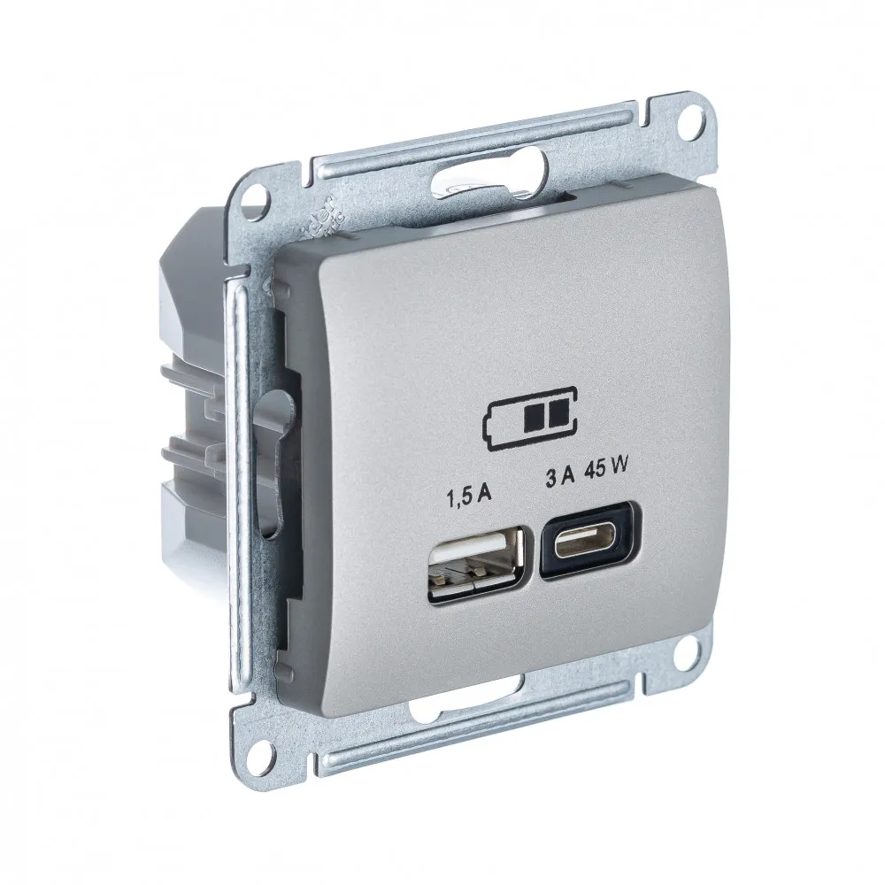 GLOSSA USB РОЗЕТКА A + тип-C 45Вт высокоскор.заряд. QC, PD, механизм, ПЛАТИНА