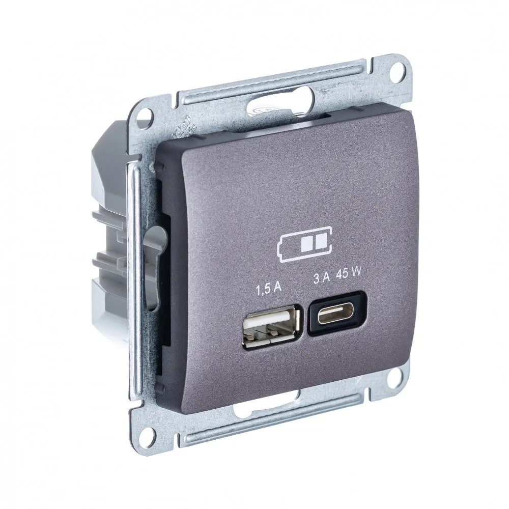 Розетка USB Glossa A+C 45Вт быстрая зарядка QC PD механизм сиреневый туман