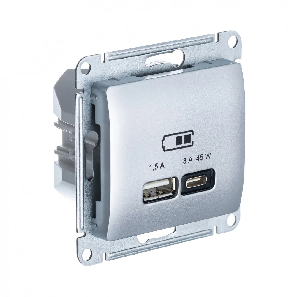 GLOSSA USB РОЗЕТКА A + тип-C 45Вт высокоскор.заряд. QC, PD, механизм, АЛЮМИНИЙ