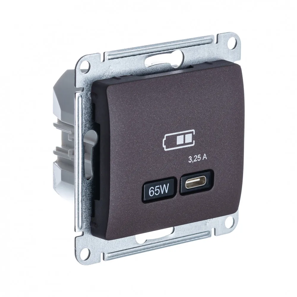 Розетка USB Glossa C 65Вт быстрая зарядка QC PD механизм шоколад