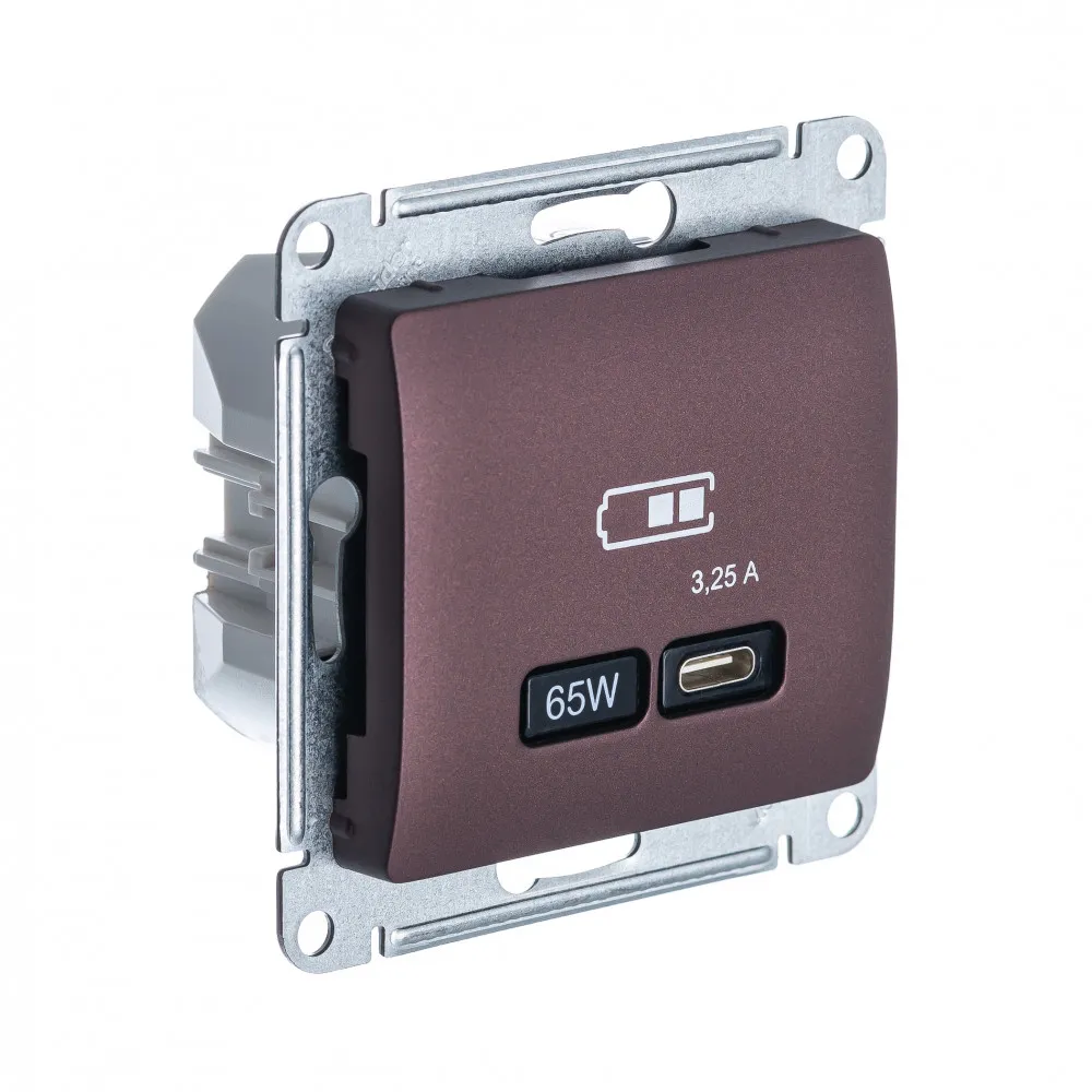 Розетка USB Glossa C 65Вт быстрая зарядка QC PD механизм баклажановый