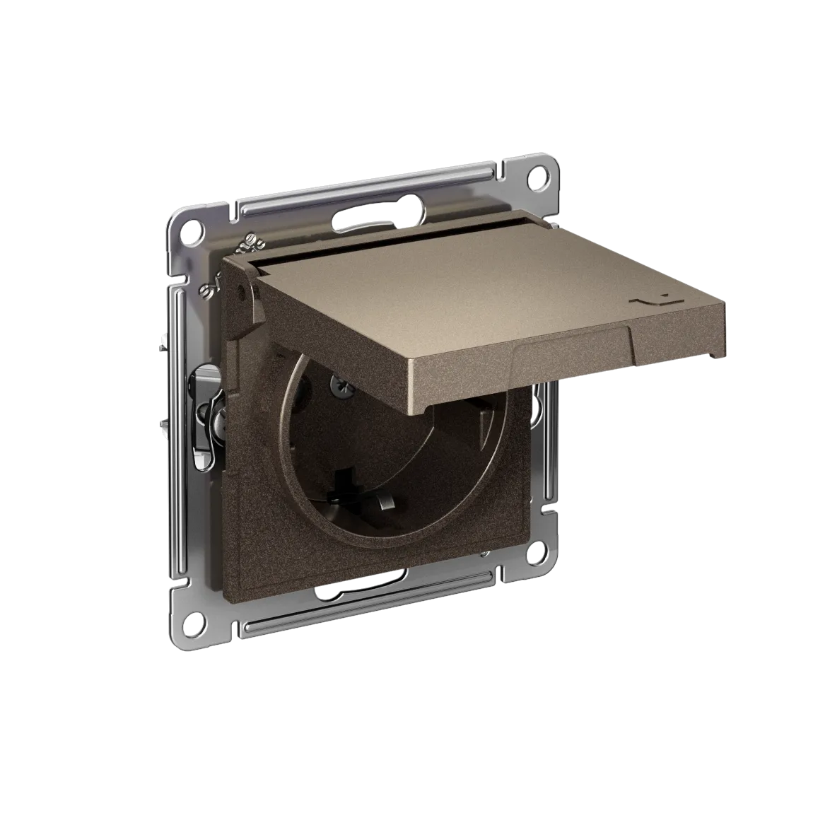 Розетка с заземлением со шторками с крышкой AtlasDesign IP20 16А механизм быстрозажимные клеммы мокко