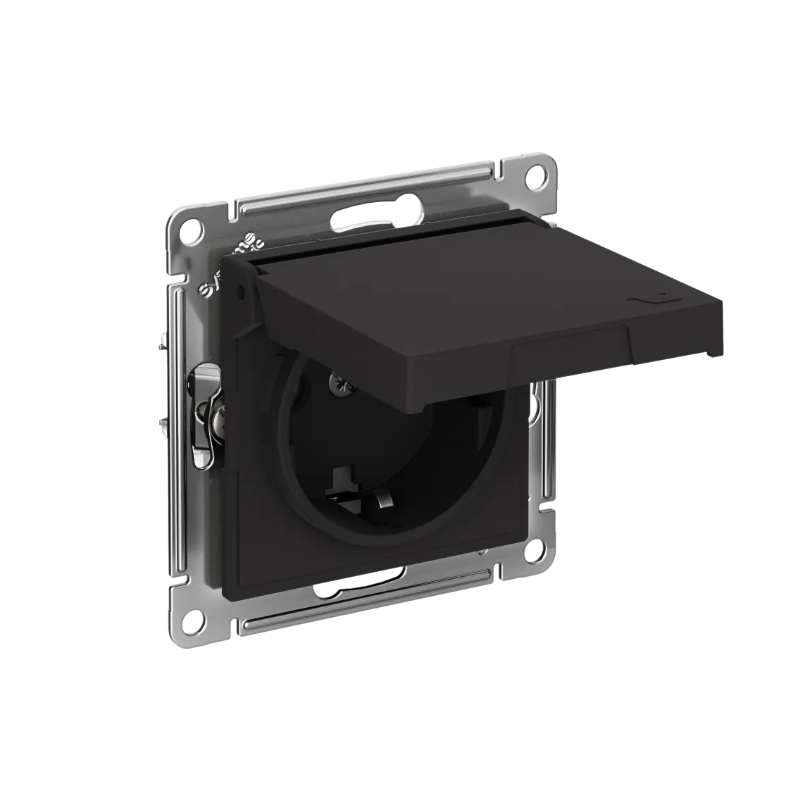 Розетка с заземлением со шторками с крышкой AtlasDesign IP20 16А механизм быстрозажимные клеммы карбон