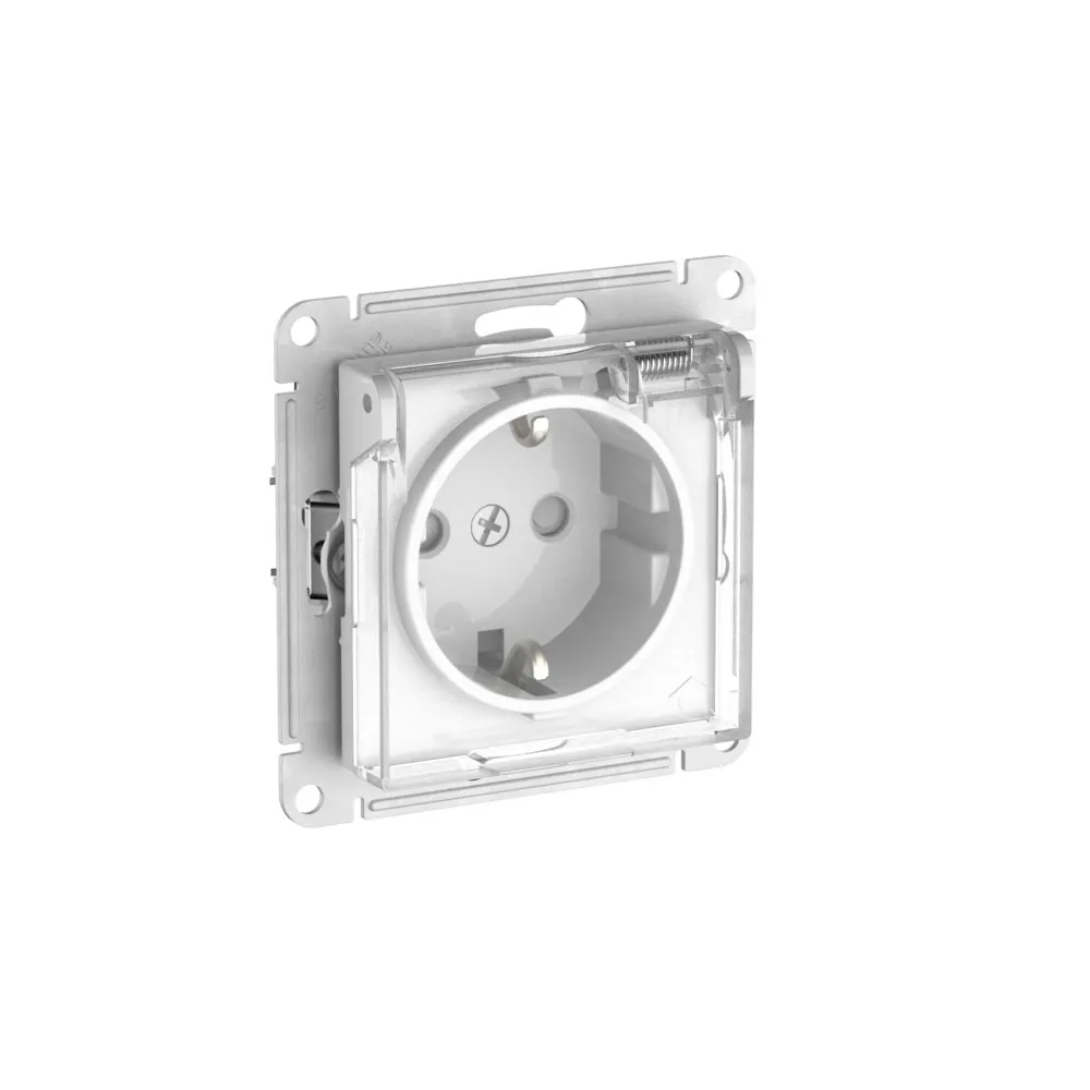 Розетка с заземлением со шторками с прозрачной крышкой AtlasDesign Aqua IP44 16А механизм быстрозажимные клеммы белый