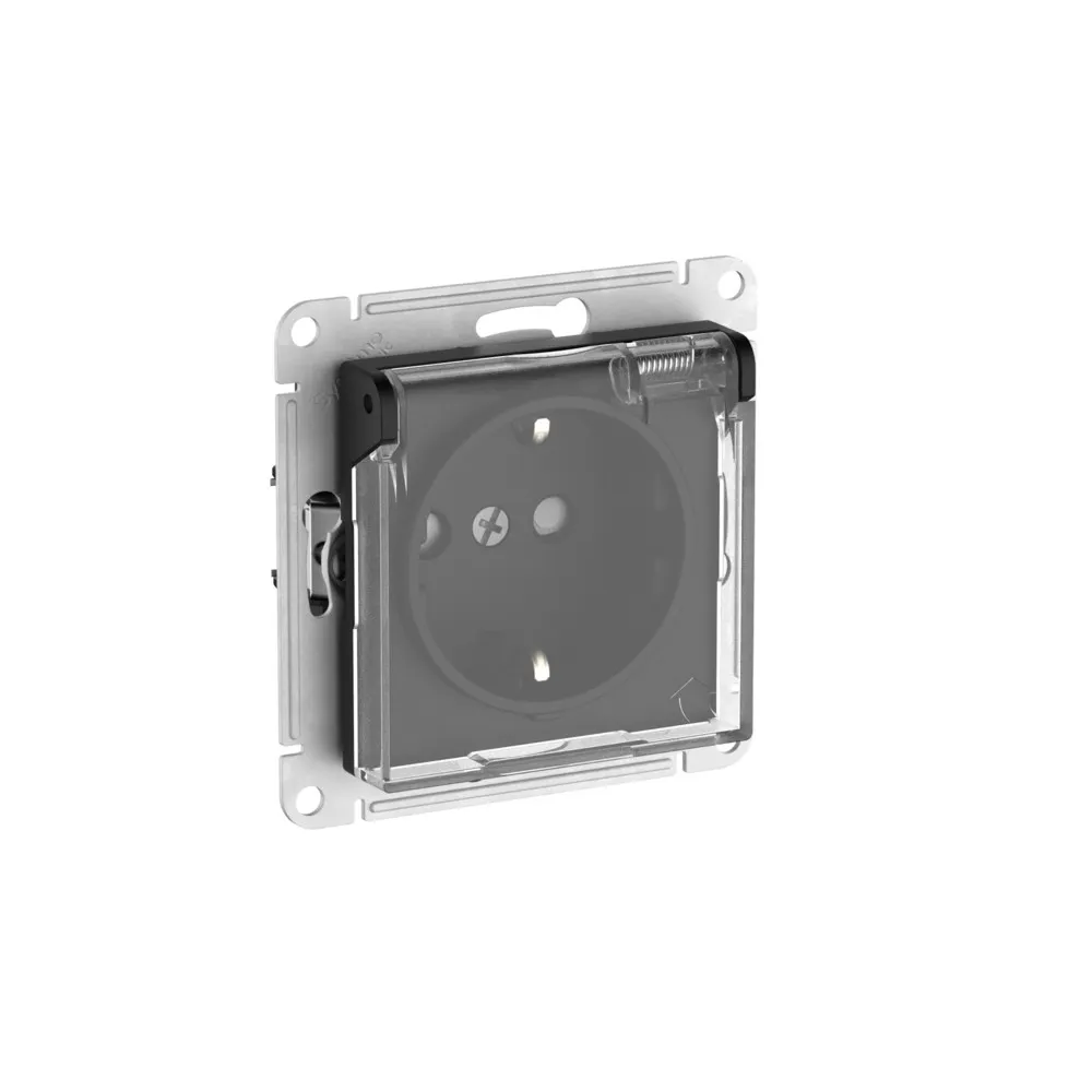 Розетка с заземлением со шторками с прозрачной крышкой AtlasDesign Aqua IP44 16А механизм быстрозажимные клеммы карбон