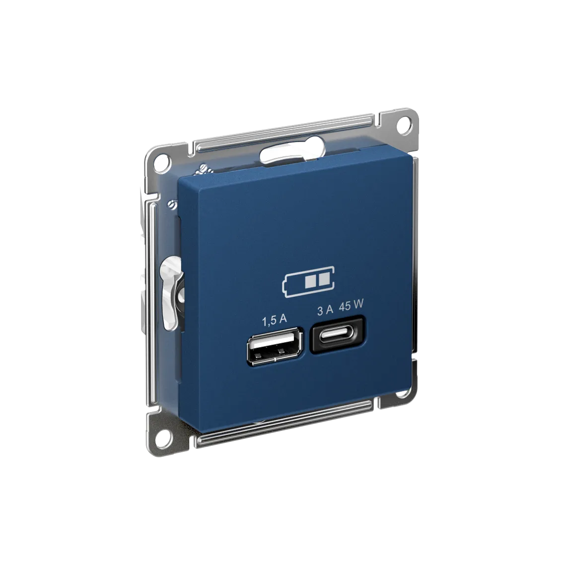 Розетка USB AtlasDesign A+C 45Вт быстрая зарядка QC PD механизм аквамарин