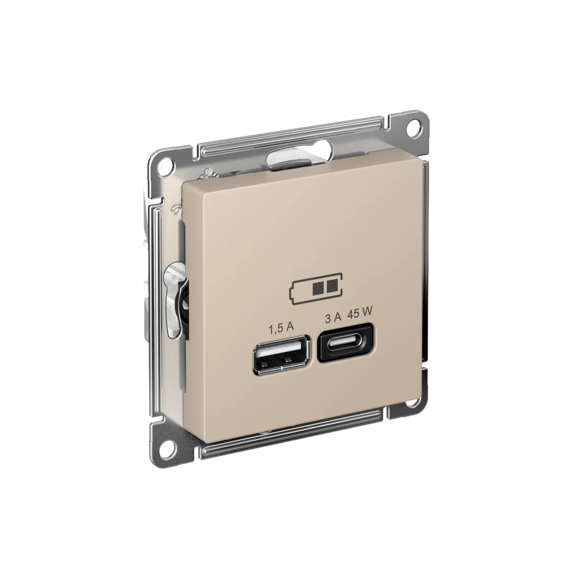Розетка USB AtlasDesign A+C 45Вт быстрая зарядка QC PD механизм песочный