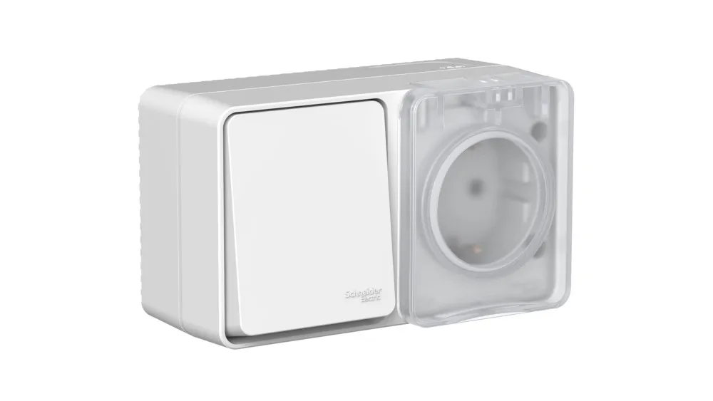 ATLASDESIGN PROFI IP54 О/У БЛОК: РОЗЕТКА с заземл. со шт., 16А, ВЫКЛЮЧАТЕЛЬ 1-клав., 10АХ, СЕРЫЙ
