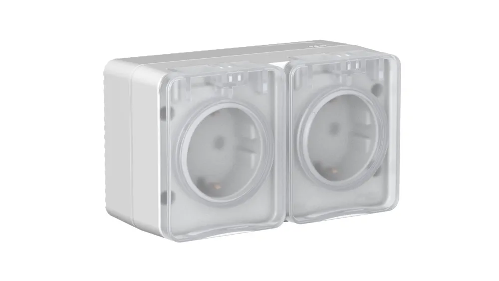 ATLASDESIGN PROFI IP54 О/У РОЗЕТКА двойная с заземлением со шторками, 16А, СЕРЫЙ