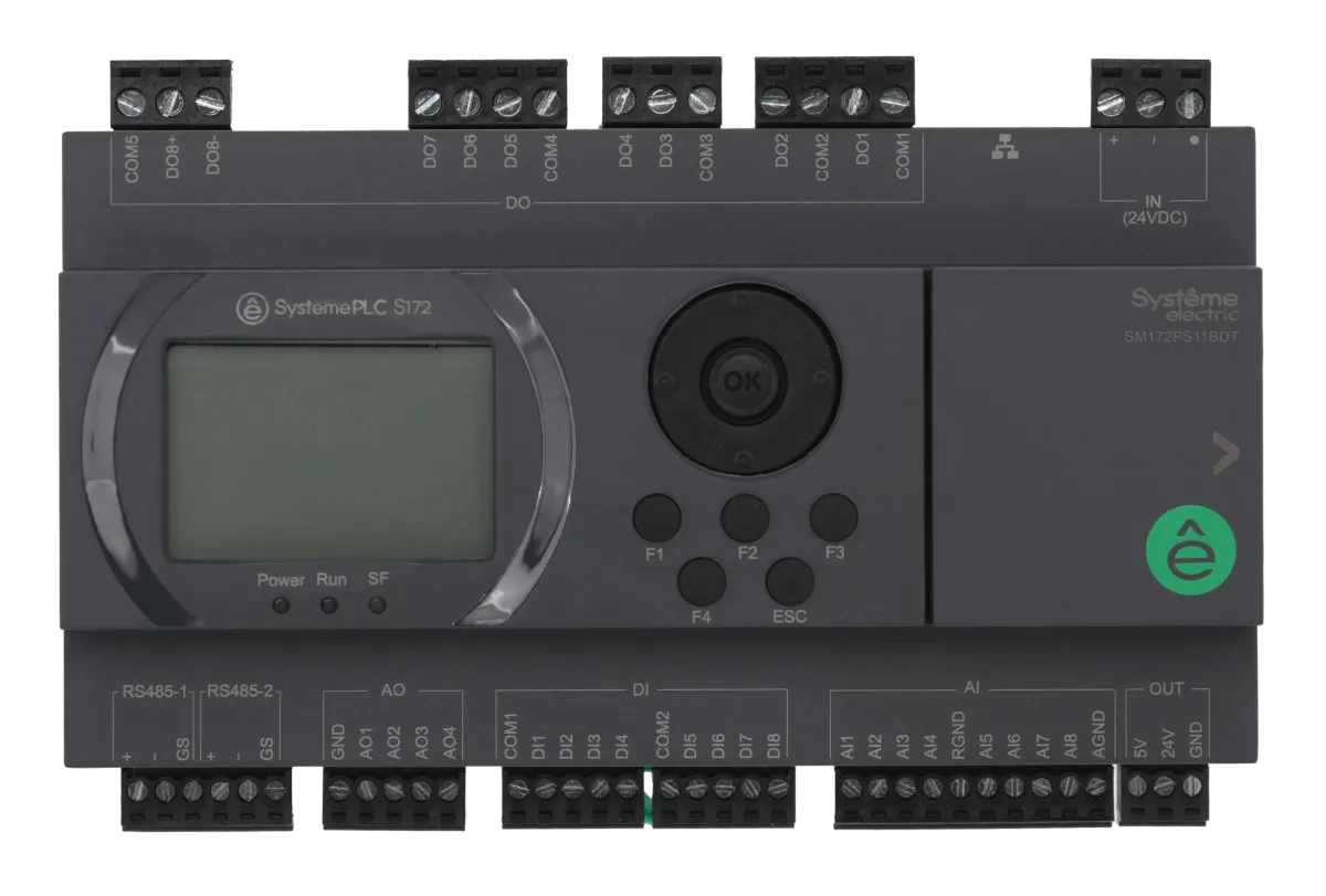 ПЛК S172; 24 VDC; дисплей; 28 IO: 8 DI, 8 DO (транзистор), 8 AI, 4 AO; 2xRS485, 1xRJ45