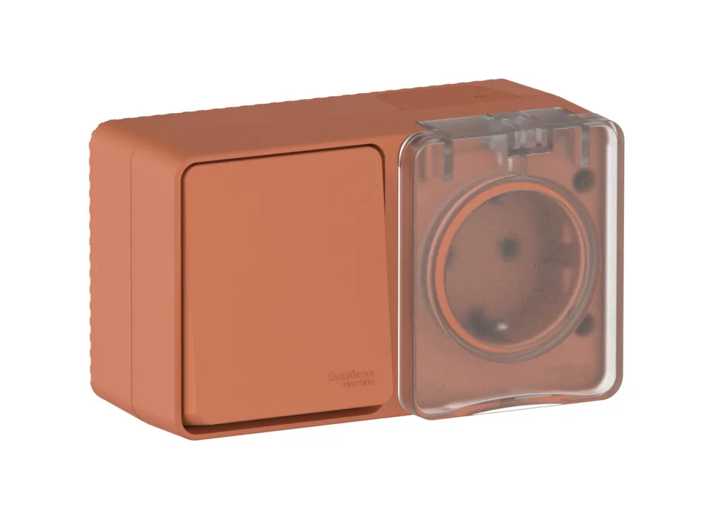 ATLASDESIGN PROFI IP54 О/У БЛОК: РОЗЕТКА с заземл. со шт., 16А, ВЫКЛЮЧАТЕЛЬ 1-клав., 10АХ, ТЕРРАКОТОВЫЙ