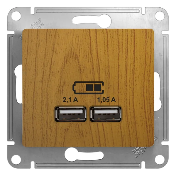 GLOSSA USB РОЗЕТКА A+A, 5В/2,1А, 2х5В/1,05А, механизм, ДУБ