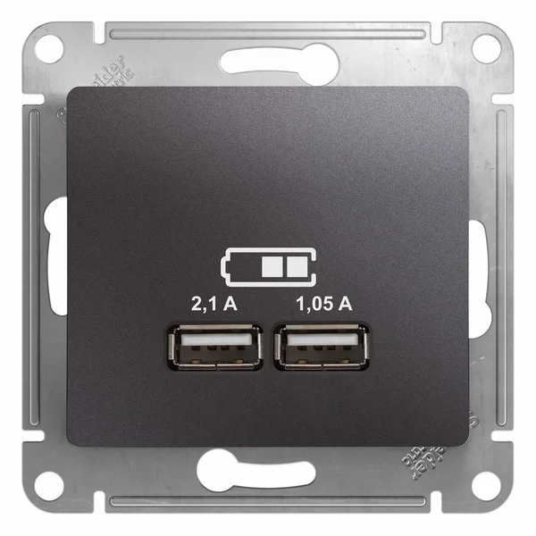 GLOSSA USB РОЗЕТКА A+A, 5В/2,1А, 2х5В/1,05А, механизм, ГРАФИТ