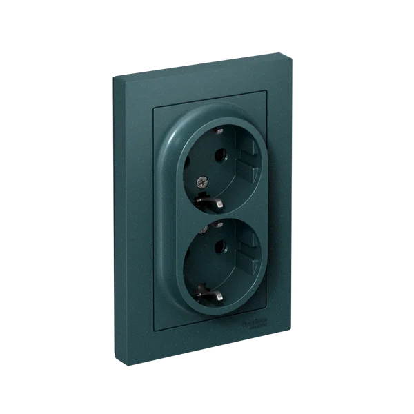 ATLASDESIGN РОЗЕТКА двойная с заземлением со шторками, 16А, в сборе, ИЗУМРУД