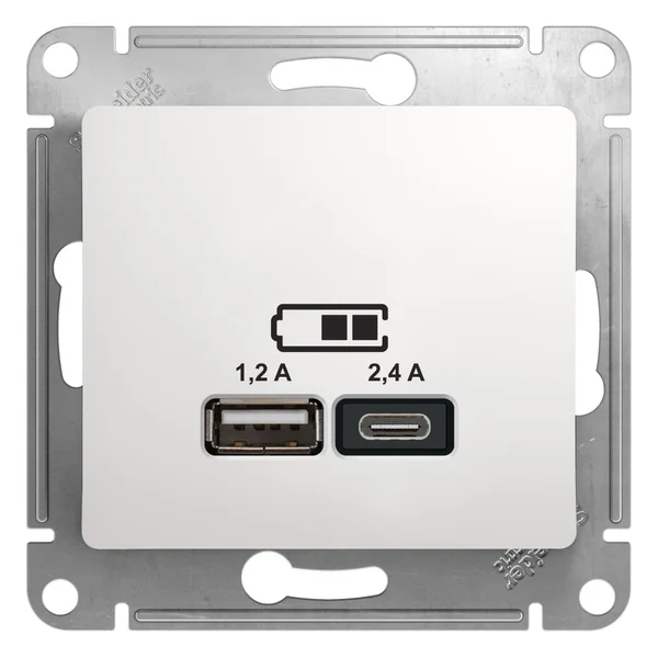 GLOSSA USB РОЗЕТКА А+С, 5В/2,4А, 2х5В/1,2А, механизм, БЕЛЫЙ