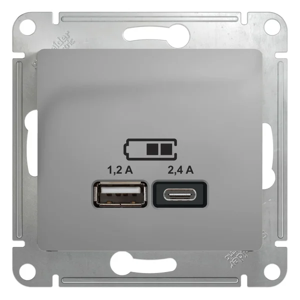 GLOSSA USB РОЗЕТКА А+С, 5В/2,4А, 2х5В/1,2А, механизм, АЛЮМИНИЙ