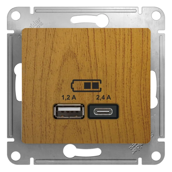 GLOSSA USB РОЗЕТКА А+С, 5В/2,4А, 2х5В/1,2А, механизм, ДУБ