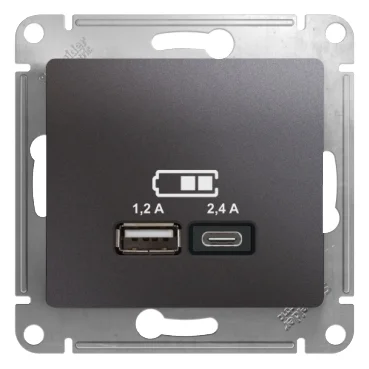 GLOSSA USB РОЗЕТКА А+С, 5В/2,4А, 2х5В/1,2А, механизм, ГРАФИТ
