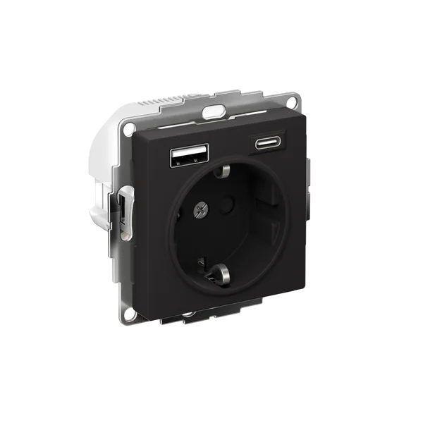 ATLASDESIGN РОЗЕТКА 16А c 2 USB A+С, 5В/2,4А/3,0А, 2х5В/1,5А, механизм, КАРБОН