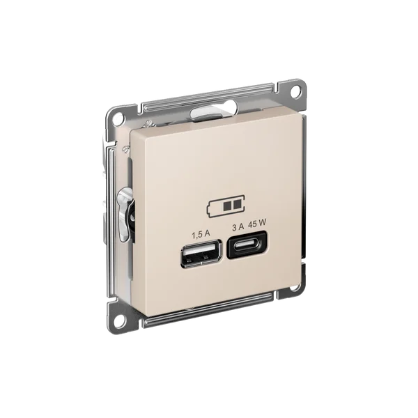 ATLASDESIGN USB РОЗЕТКА A + тип-C 45Вт высокоскор.заряд. QC, PD, механизм, БЕЖЕВЫЙ