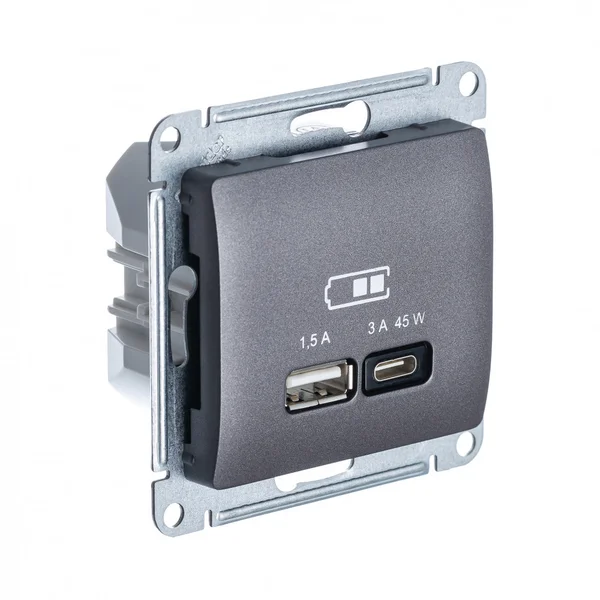 GLOSSA USB РОЗЕТКА A + тип-C 45Вт высокоскор.заряд. QC, PD, механизм, ГРАФИТ
