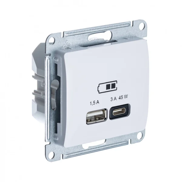 GLOSSA USB РОЗЕТКА A + тип-C 45Вт высокоскор.заряд. QC, PD, механизм, БЕЛЫЙ