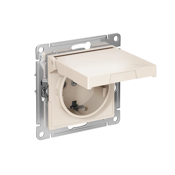 ATLASDESIGN РОЗЕТКА с заземлением со шторками с крышкой,16А,IP20, мех.,быстрозажим. клем., БЕЖЕВЫЙ