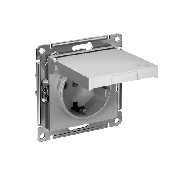 ATLASDESIGN РОЗЕТКА с заземлением со шторками с крышкой,16А,IP20, мех.,быстрозажим. клем., АЛЮМИНИЙ