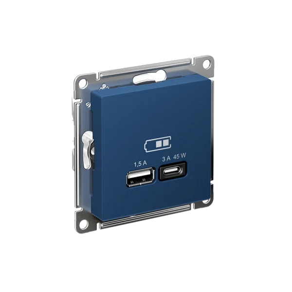 ATLASDESIGN USB РОЗЕТКА A + тип-C 45Вт высокоскор.заряд. QC, PD, механизм, АКВАМАРИН