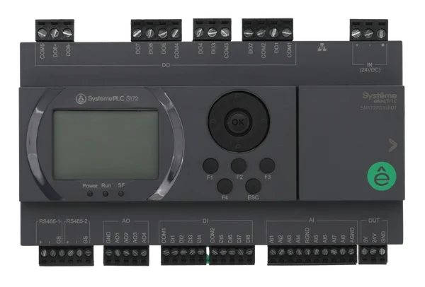ПЛК S172; 24 VDC; дисплей; 28 IO: 8 DI, 8 DO (транзистор), 8 AI, 4 AO; 2xRS485, 1xRJ45